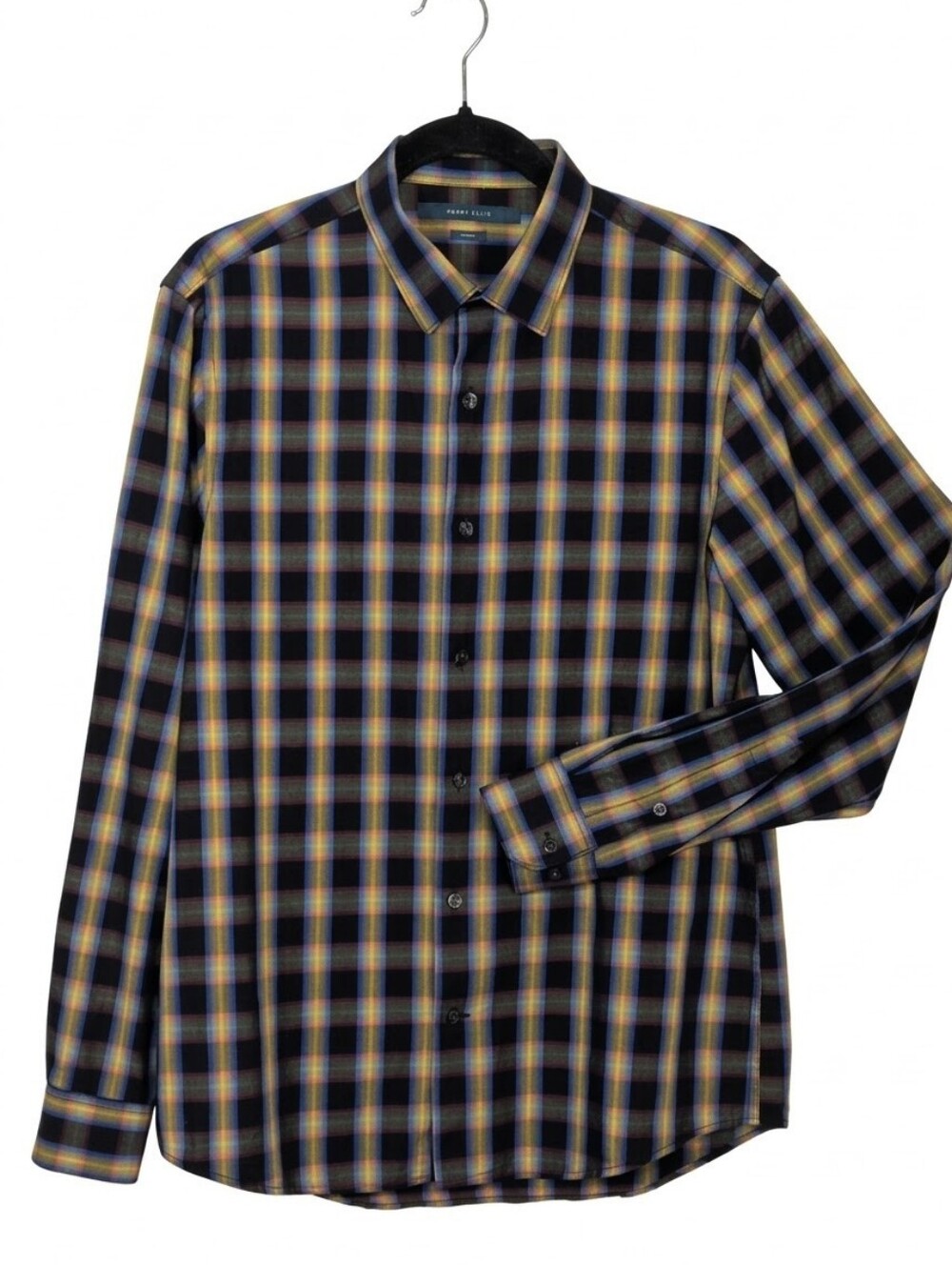Perry Ellis Mens Slim Fit Plaid Button Down Shirt Size Medium Black Multicolour